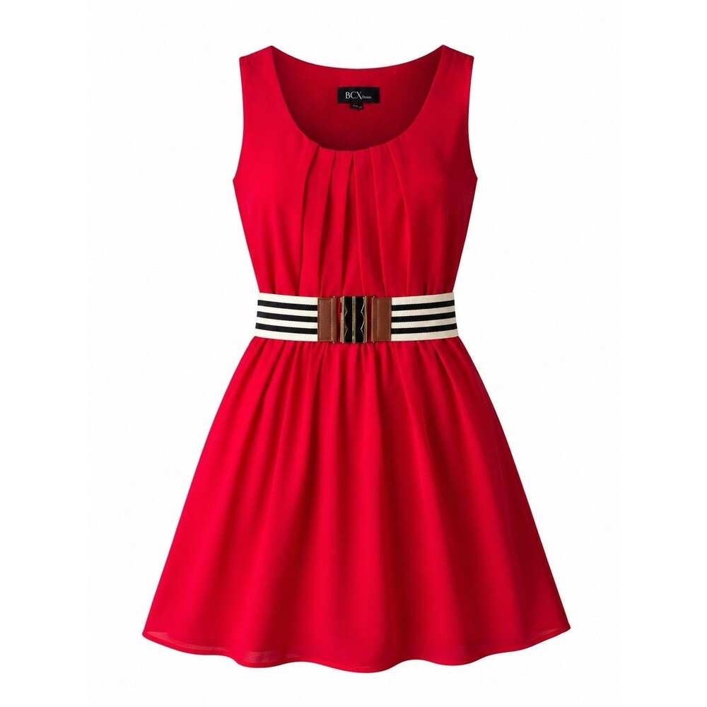 BCX Red Fit & Flare Dress Medium M Sleeveless Belted A-Line Cocktail Party